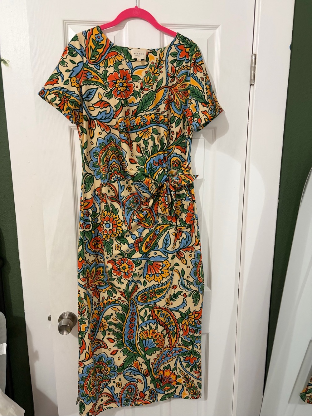 NWOT Pippa Cream Paisley Midi Wrap Dress with Green, Orange & Blue